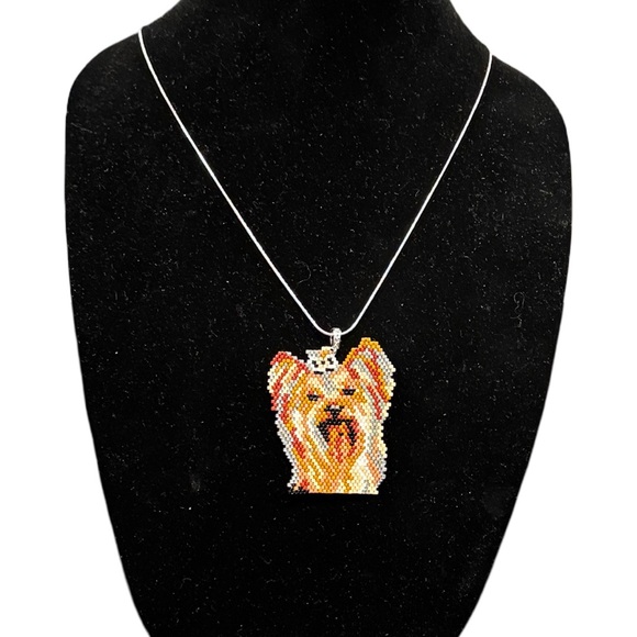 Hand Crafted Beaded Yorkie Pendant Necklace brown and Yellow - 24” silver chain - Picture 3 of 8